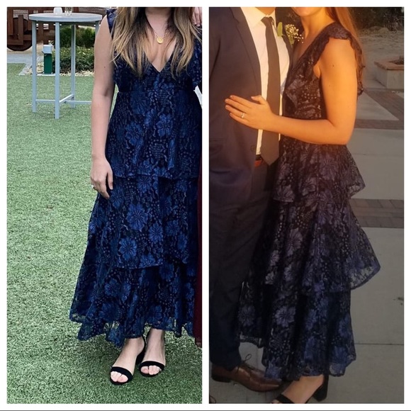 molinetto navy blue lace ruffled tiered sleeveless maxi dress